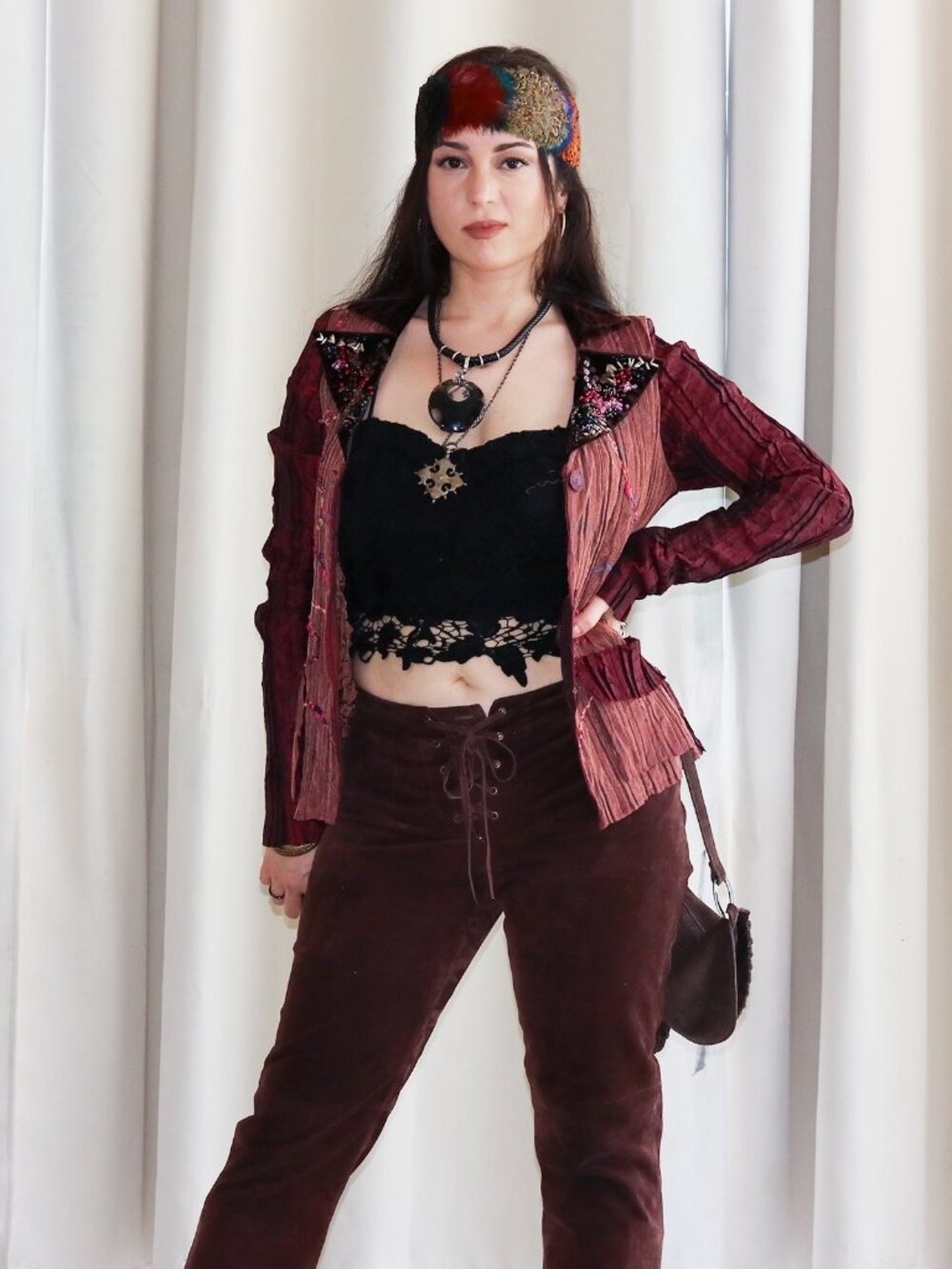 Alberto Makali M Embellished Crinkle Beaded Sequin Jacket Boho Burgundy Brown